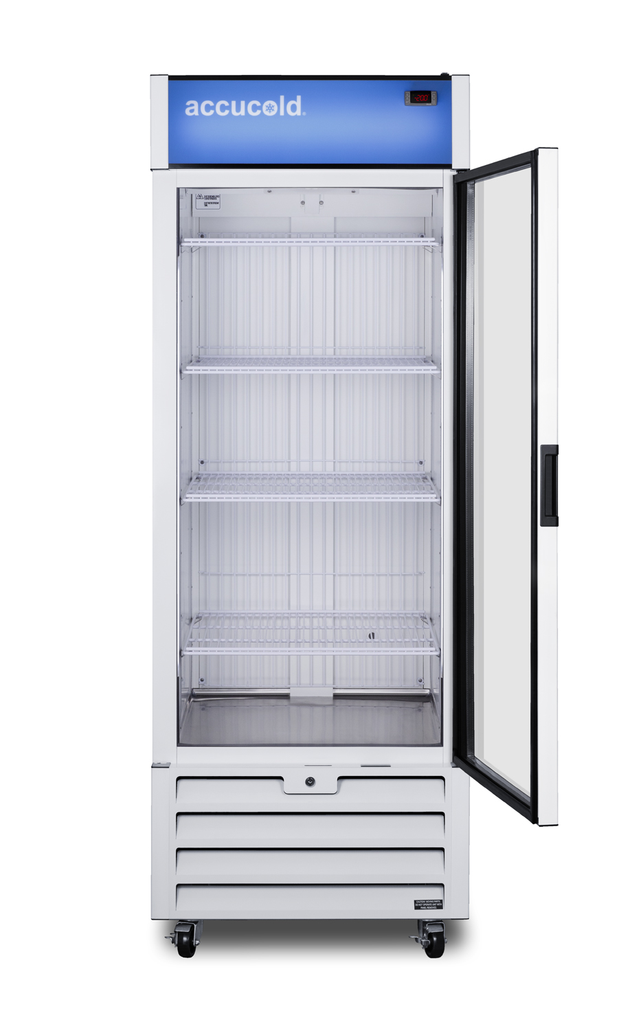 21.34 cu.ft. upright commercial display freezer with self-closing glass door, front lock, and white cabinet